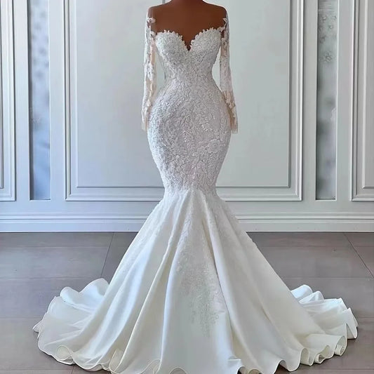 qgtao Elegant Mermaid Wedding Dresses Sheer Neck Long Sleeve Sweep Train Appliques Beads Bridal Gowns