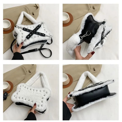 qgtao Gothic Rivet Plush Shoulder Bag Women Y2k Grunge Winter Subculture Messenger Bag Purse Ladies Harajuku Aesthetic Handbag