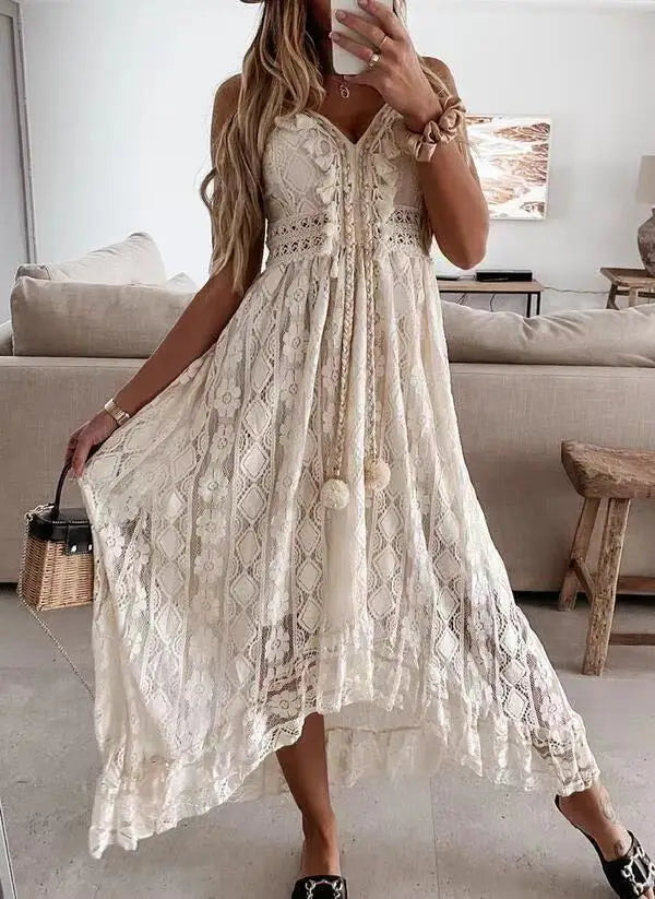 qgtao Women's Summer Beach Dress Cover Up Slip Boho Maxi Dress Lace Up Tassel V-Neck Flare Ruffle White Beach Dresses 2024 Vacation