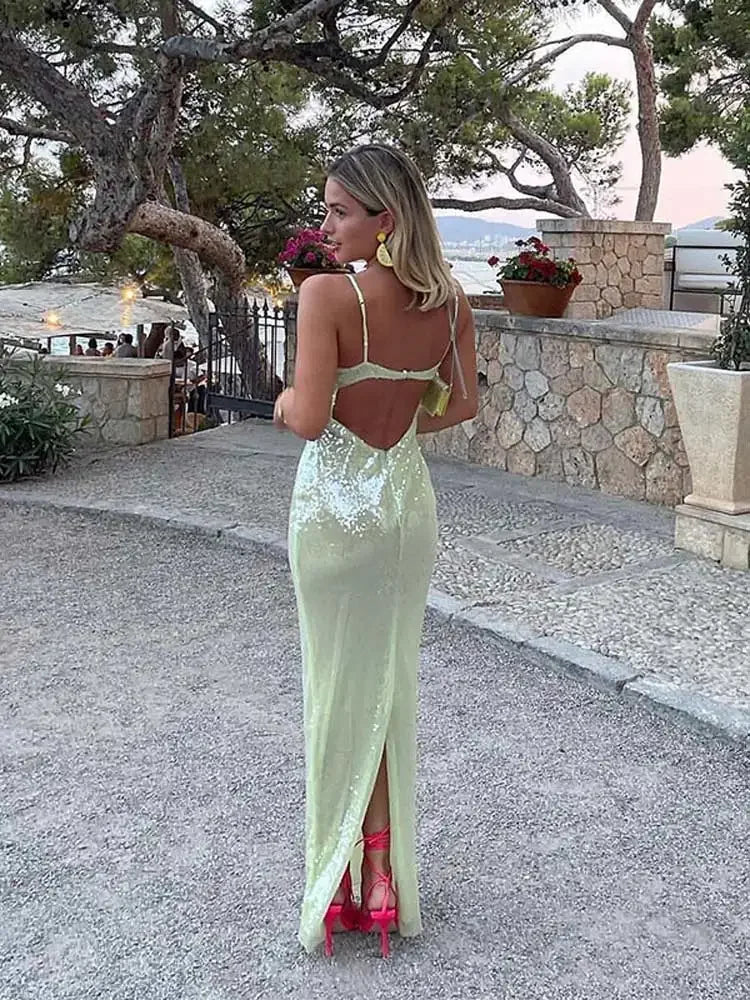 qgtao  Spring Summer Fashion Women Dresses Sequins Spaghetti Strap Sexy Sleeveless Backless Maxi Night Club Vestidos 2024