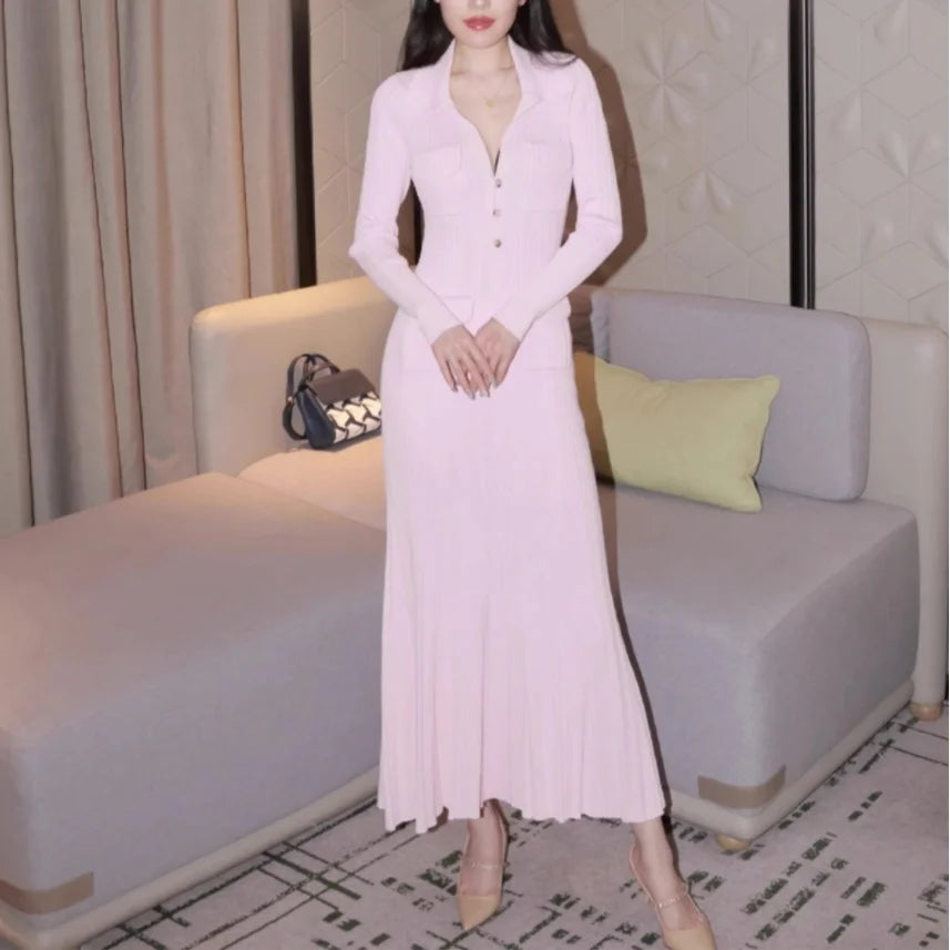 qgtao Puff Sleeve V-neck Knitted Dress 2023 spring pink New Commuter Midi Skirt High Waist Slim Fit Sexy Dresses