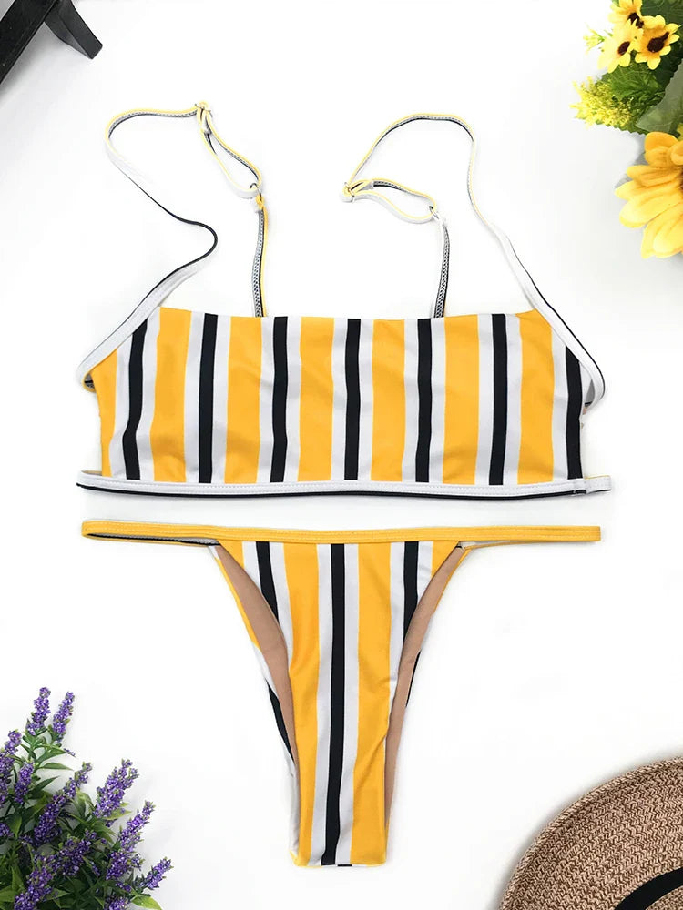 qgtao Sexy Stripe Print Swimsuit Women Solid Tube Top Bathing Suit High Cut Bikini Set Backless Beachwear Summer Brazilian Swimwear