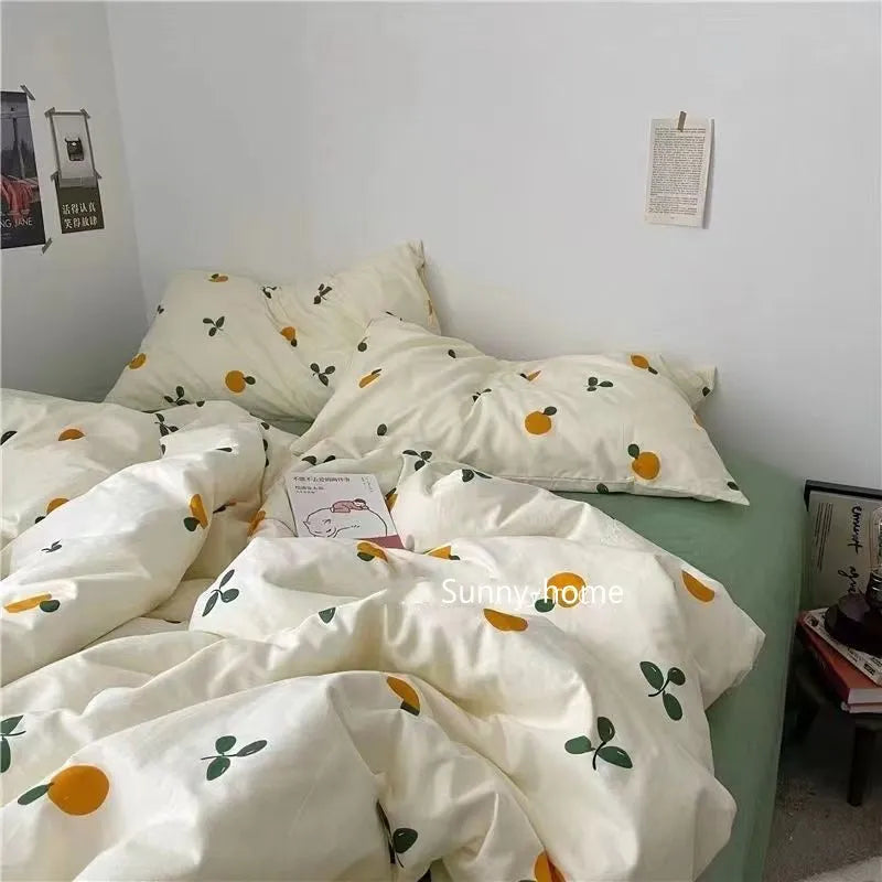 Yeknu - Kawaii Cherry Duvet Cover Set Pillowcase Flat Sheet Floral Boys Girls Twin Full Size Soft Bedding Kit Korean Ins Style Home Use