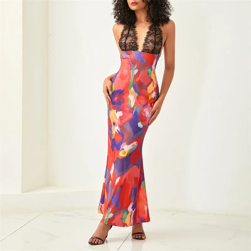 qgtao Sexy Halter V Neck Leopard Print Lace Patchwork Maxi Dress Fashion Women Sleeveless Backless Long Dresses Y2k Chic Female Robe