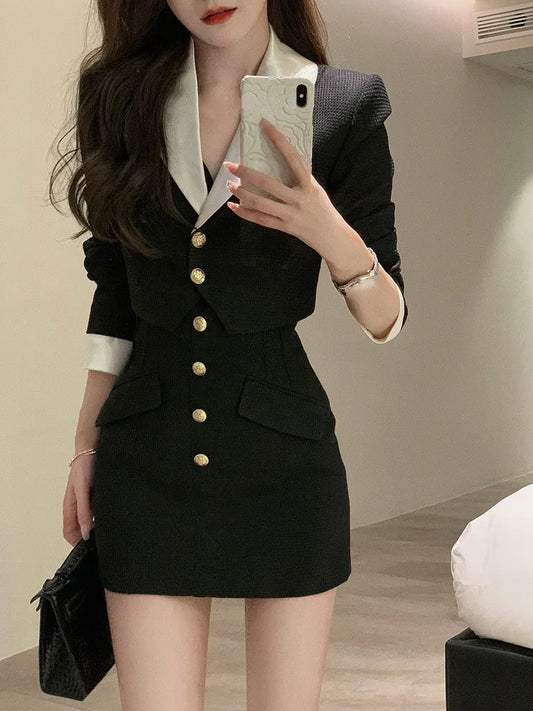 qgtao Black Y2k Mini Skirt Set Women Casual Korean 2 Piece Dress Set Crop Tops Jacket Tops + Short Skirts Elegant Suit 2024 Autumn New