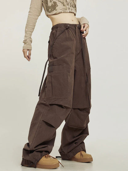 QWEEK Baggy Cargo Pants Women Oversize High Waist Vintage Folds Trousers Streetwear Multiple Pockets Drawstring Jogger Pants