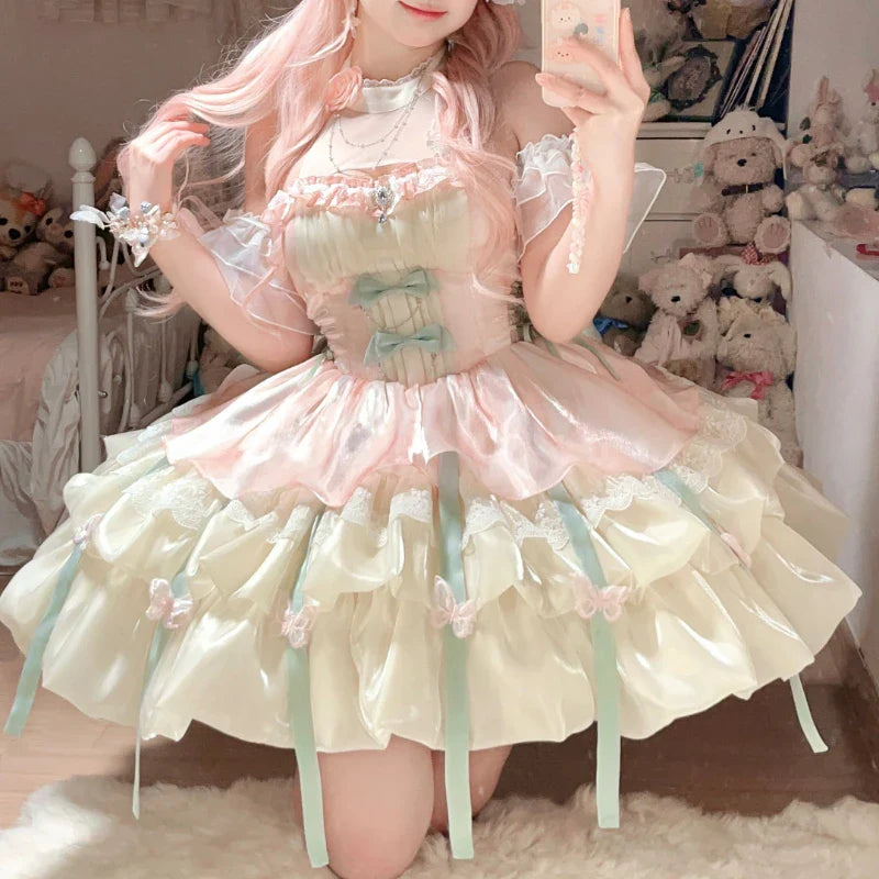 qgtao Vintage Victorian Lolita Princess Mini Dress Women Gothic Y2k Bow Lace Ruffles Sleeveless Party Dresses Girl Sweet Elegant Dress