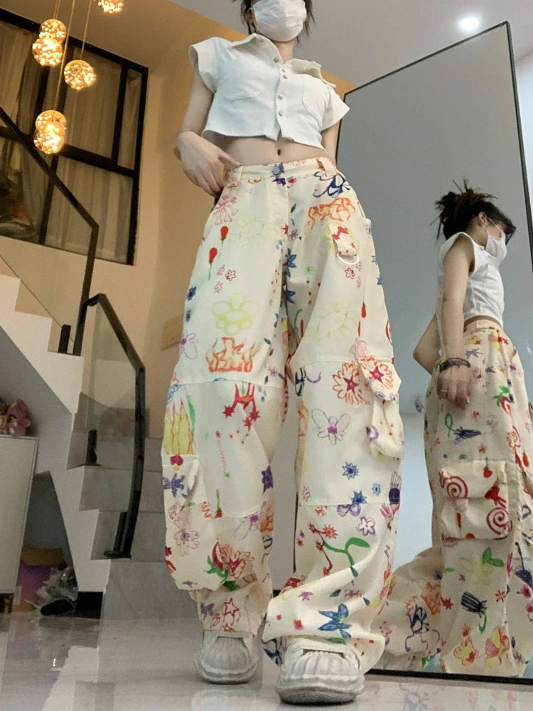 qgtao  -  Vintage Baggy Cargo Pants Women Y2k Fashion Straight Flower Pattern Low Waist Casual Sweatpants Hip Hop Slouchy Trousers