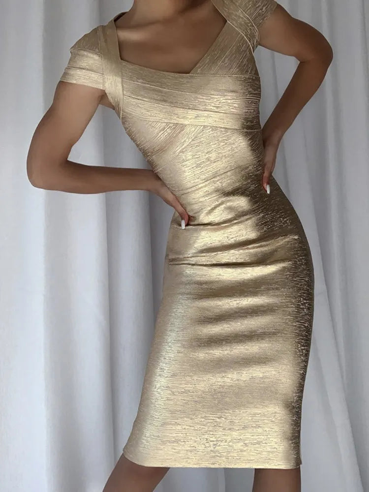 qgtao Hot Sale Summer Fashion Women Sexy Square Collar Bronzing Gold Midi Bodycon Bandage Dress 2024 Elegant Evening Club Party Dress