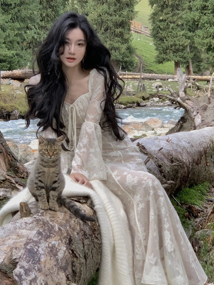 qgtao Elegant Flare Sleeve Mermaid Long Dress Spring Summer Slim Wedding Runway Party Lace Vestidos Women Vintage Clothing