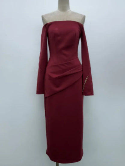 qgtao Fashion Women's Dress Slash Neck Flare Sleeves Folds Button Decorate Slim Ankle-length Dresses Summer 2024 New Tide 13DL10