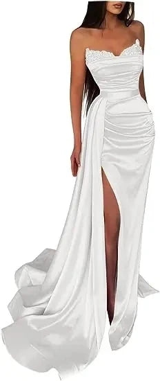 qgtao Line Sexy High Split Prom Formal Evening Dress Strapless Sleeveless Court Train Satin with Slit Pure Color robes de soirée