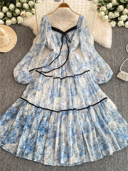 qgtao Elegant Floral Printed Midi Dresses for Women Lantern Sleeves Square Collar A-line Birthday Party Dress Autumn New Prom Robe