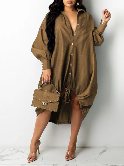 qgtao  Plus Size dresses Drawstring Patchwork Shirt Dress Fashion Drop Shoulder Long Sleeve Shirt Collar Women Streetwears vestido