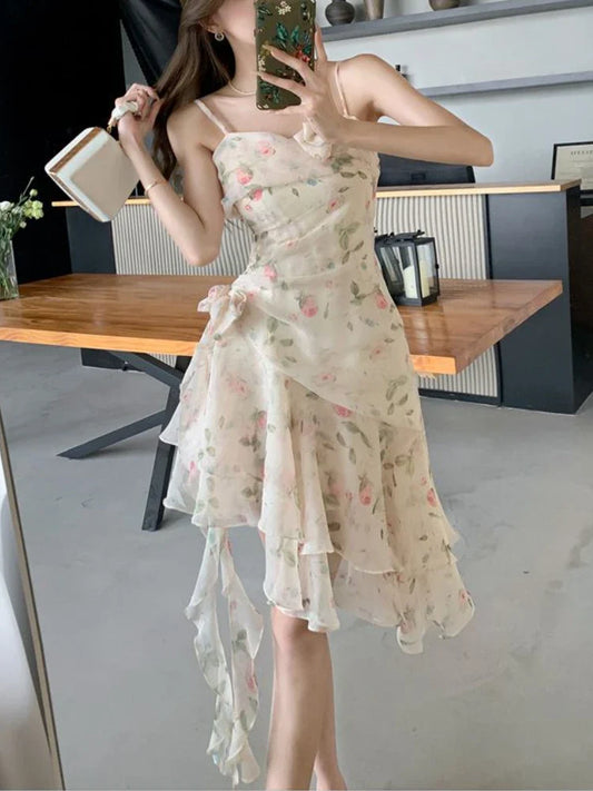 qgtao Irregular Vintage Floral Strap Midi Dress Women Sweet Fashion Korean Fairy Dress Female 2024 Autumn Bow Chic Casual Party Dress