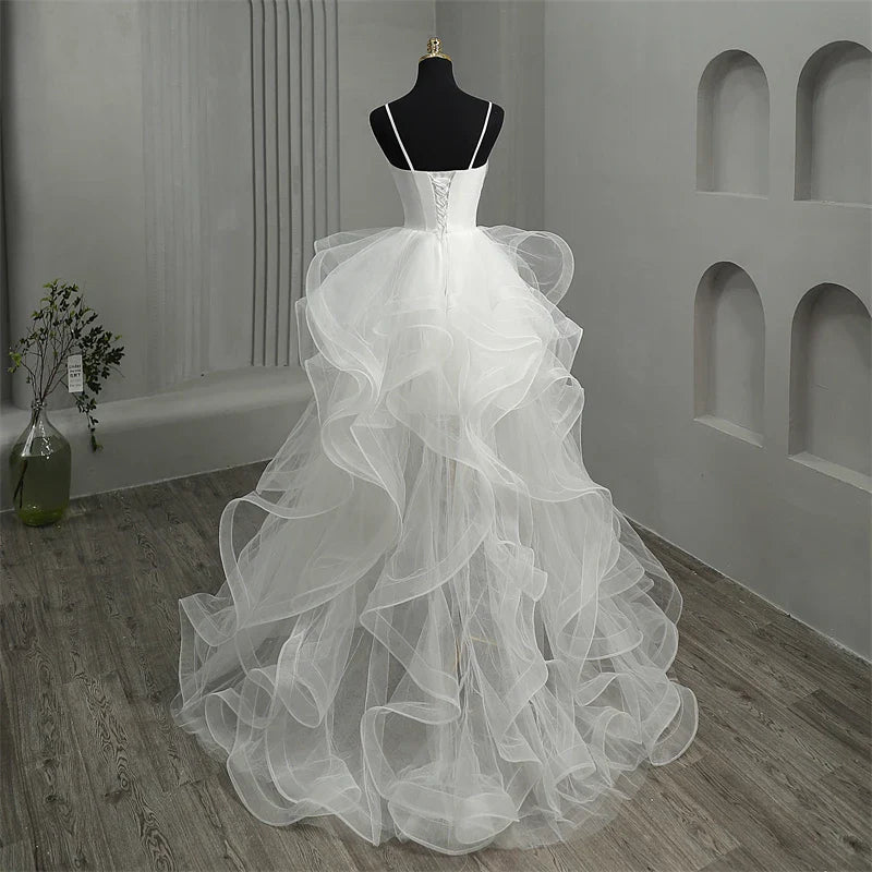 qgtao New Short Front Long Back Gothic White Wedding Dresses Spaghetti Straps Deep V Neck High-low Bridal Gowns Custom Color