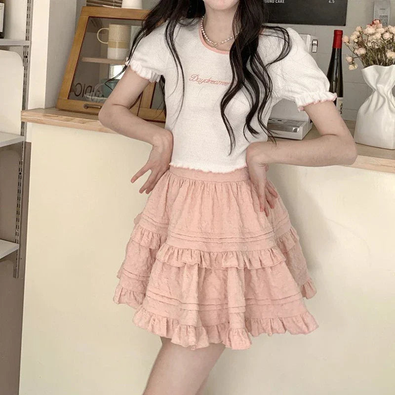 qgtao kawaii Japanese Style Women Mini Skirt Ruffle Layered Lolita Pink Cutecore Sweet Short Skirts Lace Elegant A-line Skirt