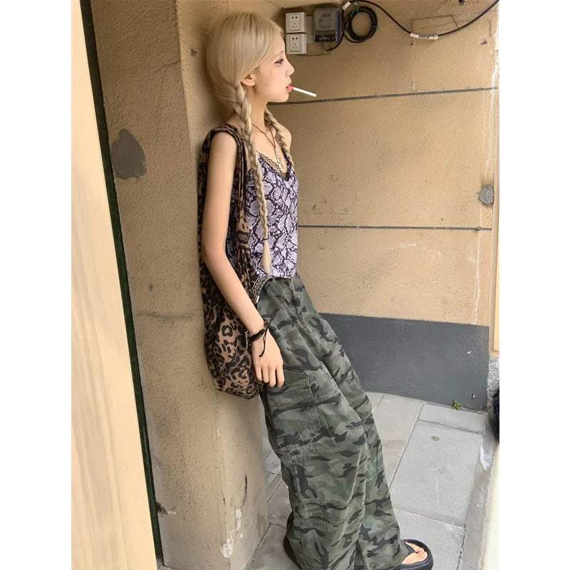 qgtao  -  Green low Waist Women Overalls Camouflage American Fashion Loose Streetwear Style Wide Leg Female Trouser Baggy Straight Pants