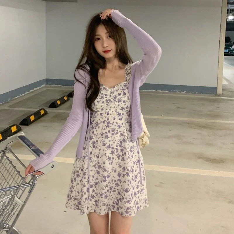 qgtao Summer Purple Two-piece Sets Dress for Women Floral Slip Mini Dress+Sunscreen Shawl Cardigan Woman 2024 New Sundress