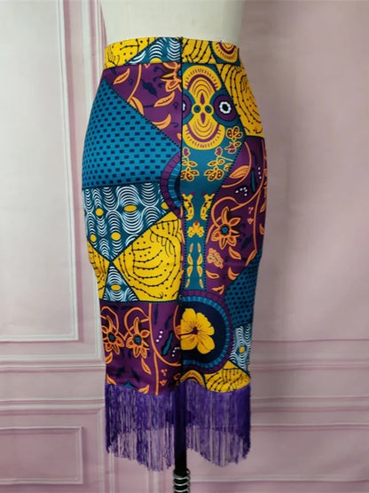 qgtao Women Summer Print Skirt Vintage Floral African Fashion High Waist Tassel Classy Modest Elegant Retro Jupes Falads Plus Size New