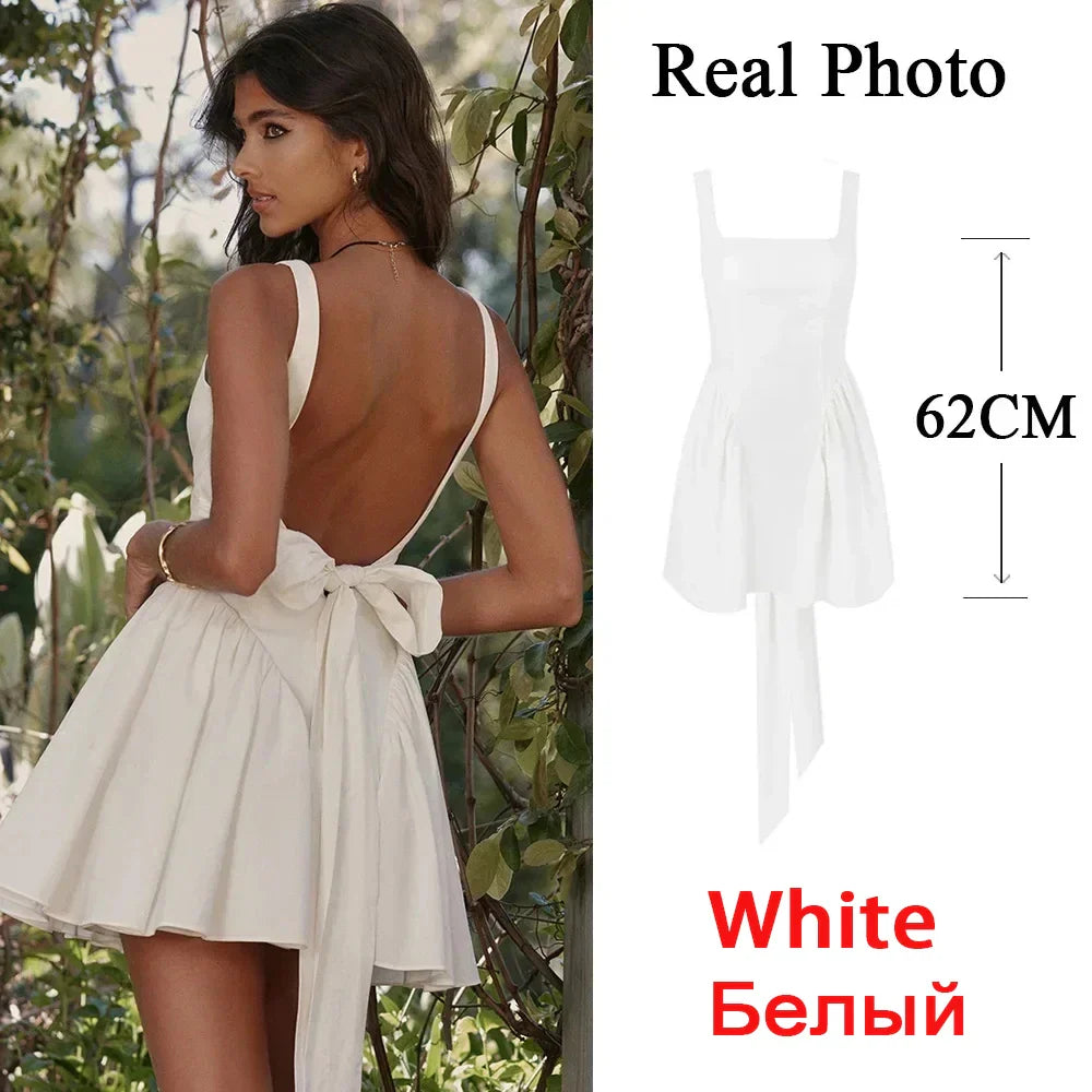 qgtao Summer Mini Backless A Line Dress Sexy White Big Bow Cotton Dress Casual Women Birthday Holiday Dress New Arrivals