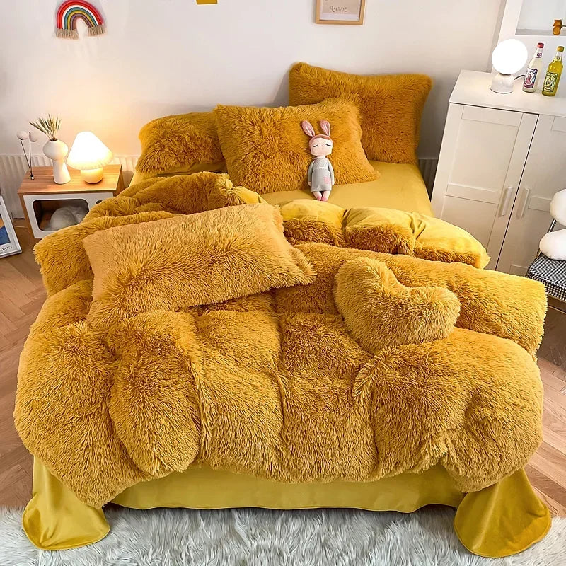 Yeknu Plush Bedding Set Soft Fluffy Faux Fur Duvet Cover Sheet Pillowcase Fuzzy warm Bedlinens