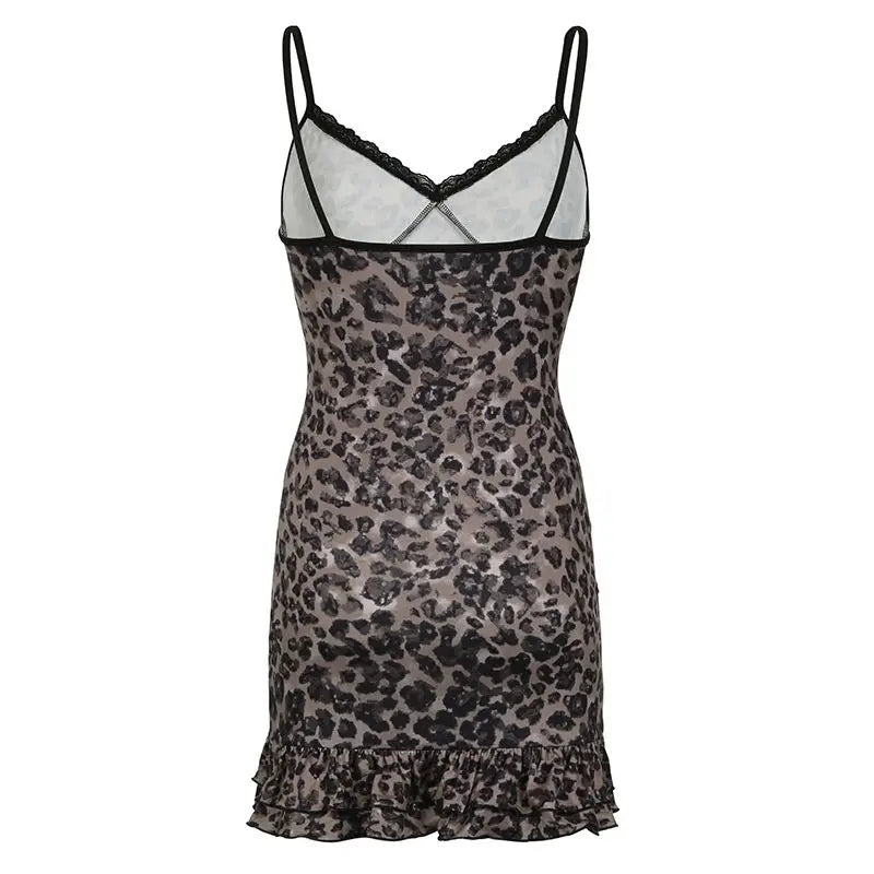 qgtao Leopard Printed Sexy Woman Dress Slim Mini One Piece Y2k Sleeveless Vintage Dress Hotsweet Lece Short Bodycone Female