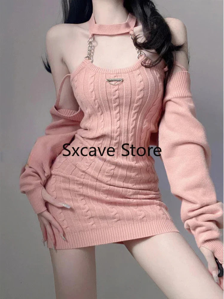 qgtao Autumn Pink Knitted Suits Office Lady Casual Y2k Crop Tops + Mini Dress Korea Fashion Clothing Even Party 2 Piece Dress Set