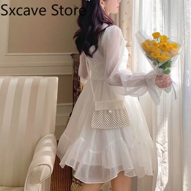 qgtao French Sweet Fairy Lolita Dress Women Long Sleeve Lace Y2k Mini Dress Vintage Kawaii Clothes One Piece Dress Korean 2023 Summer