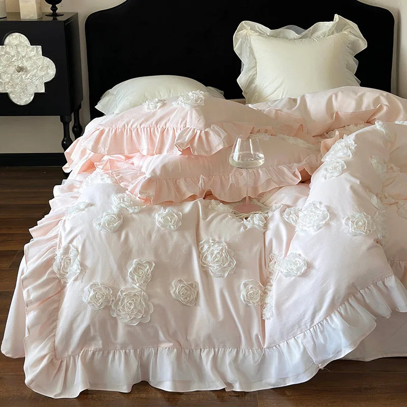 Yeknu Princess Style 3D Flower Bedding Set 100 Thread Count Autumn and Winter Cotton Duvet Cover Solid White Quilt Covers with Ruffles