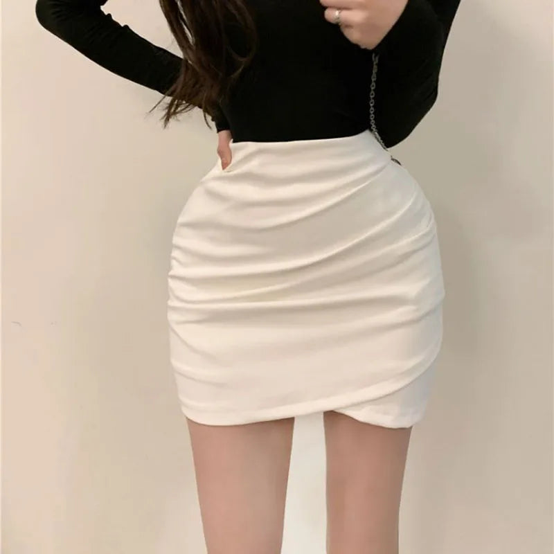 qgtao Korean Fashion Mini Skirt Women Solid High Waist Irregular Folds Hip Wrap Pencil Skirt Ladies Sexy Slim Short Skirts