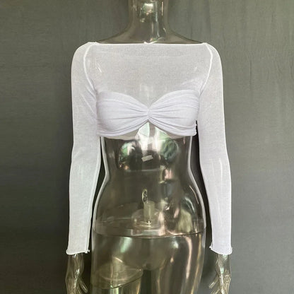 Mozision See Through Mesh Crop Top Women Pullovers Strapless Short Knit Cropped Tops Ladies Tee Shirt Sexy Off-shoulder T-shirt