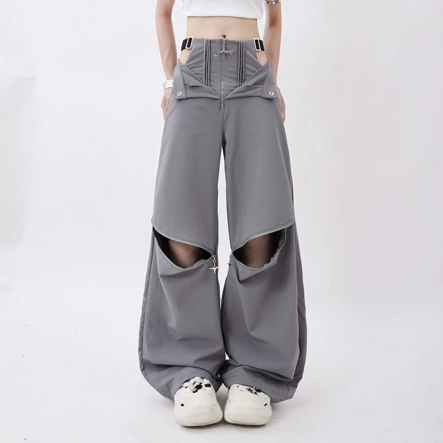 QWEEK Streetwear Cargo Pants Women Y2k Baggy Techwear Wide Leg Trousers Sexy High Waisted Hollow Out Gray Black Pantalones Mujer
