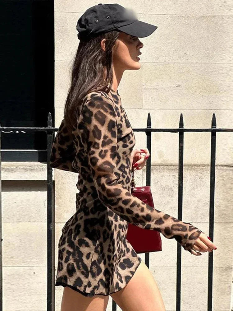 qgtao Women Sexy Leopard Print Mini Dress Slim O-neck Long Sleeve Fashion Summer Dresses 2024 Vintage High Street Lady High Streetwear