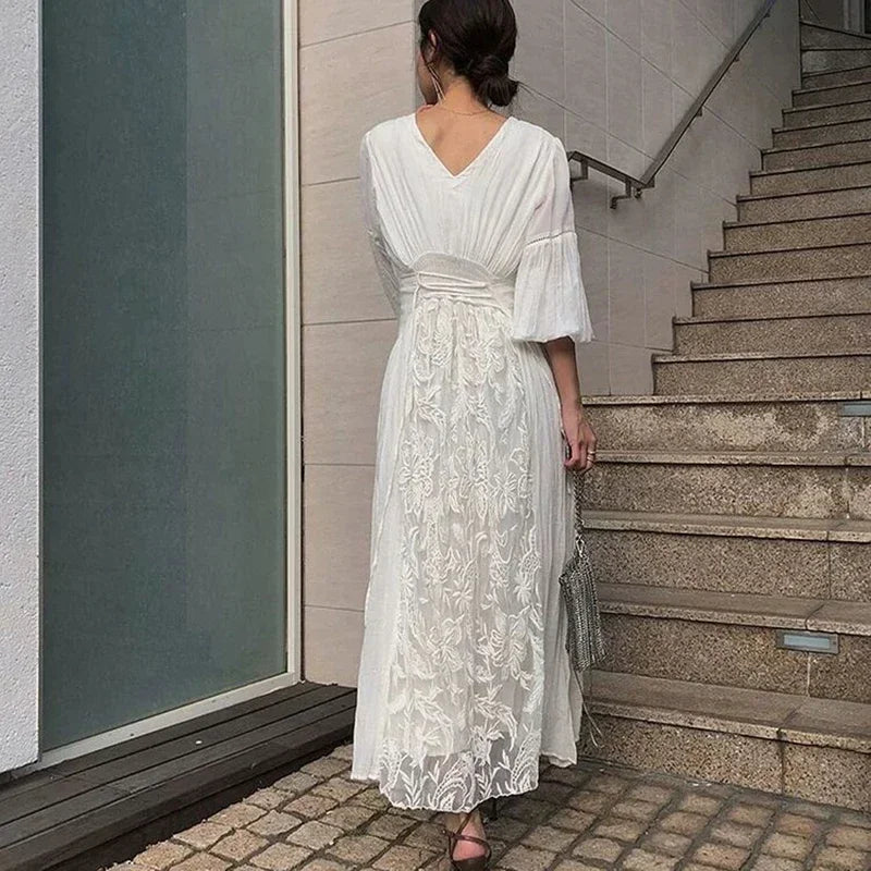 qgtao White Floral Embroidery Maxi Dress Vintage Boho Long Lantern Sleeve Dress Women V-neck Holiday Sexy Ladies Dresses