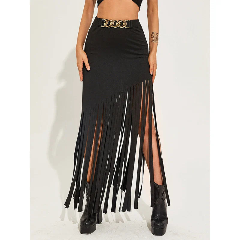 qgtao  Tassel Punk Style Sexy Women Maxi Skirts Mall Gothic Grunge High Waist Long Skirt With Ring Belt Black Club Streetwear