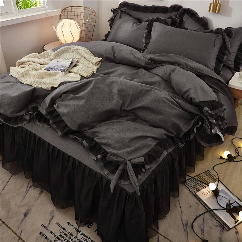 Yeknu Luxury Black Princess Bedding Sets Kawaii Bed Skirt Sheet Pillowcase Fashion Girl Duvet Cover 4 Pieces Home Decoration