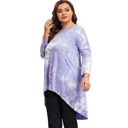 qgtao Plus Size Long Sleeve Elegant Tie Dye Tunic Tops Long Loose Autumn Hi Low Swing Blouse T-shirt Plus Size Clothing Women 6XL 7XL