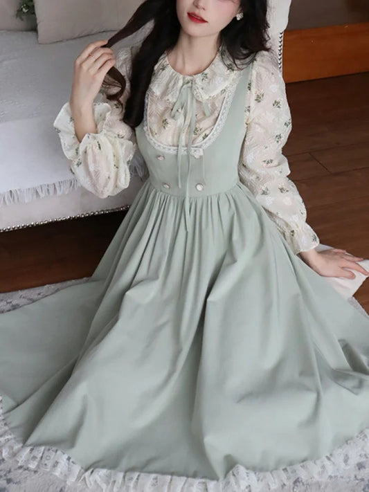 qgtao Green Elegant Vintage Strap Dress Women 2024 Spring Lace Evening Party Midi Dresses Ladies Retro Korean Sweet Kawaii Fairy Dress