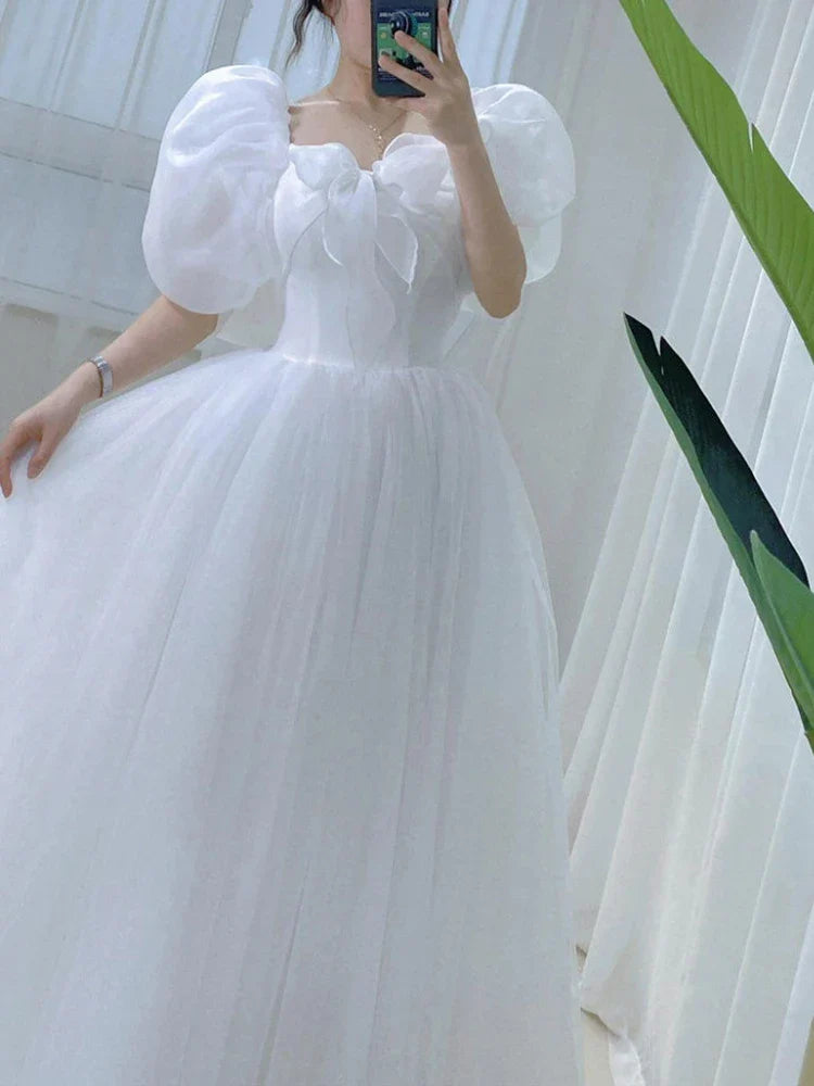 qgtao White Elegant Sweet Princess Dress Women Bow Puff Sleeve Korean Kawaii Midi Dress Female 2024 Autumn Casual Evening Party Dress