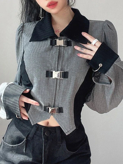 qgtao Y2k Aesthetic T-shirts Women Metal Buckle Design Crop Top Ladies Long Sleeve  Patchwork Hot Girl Slim Tees