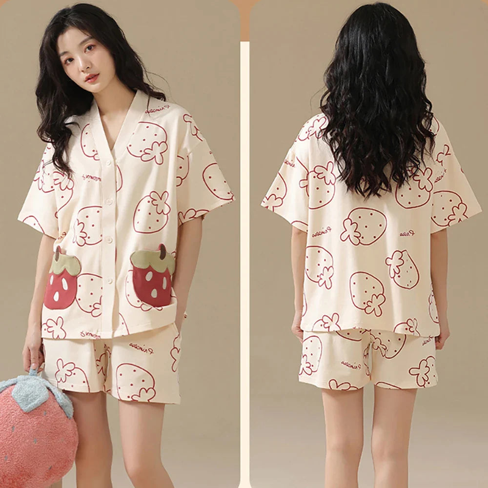 qgtao Sleepwear M-2XL 100% Cotton Trousers Sets Cartoon Print V Neck Sleepwear Summer Thin Short Sleeve Pajama Casual Comfortable Pijama Mujer