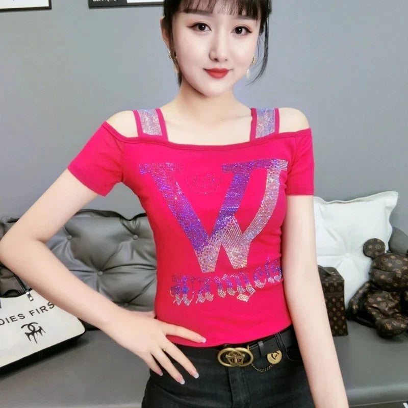 Runway Fashion European Women's Clothes Sexy Off Shoulder Letter Shiny Diamonds T-Shirts Luxury Brand Mesh Tees Tops Blouse