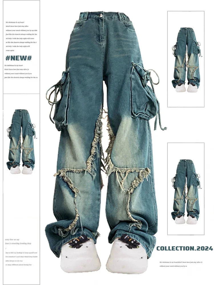 qgtao Y2k Trashy 2000s Blue Cargo Jeans Baggy Vintage 90s Aesthetic High Waist Cowboy Pants