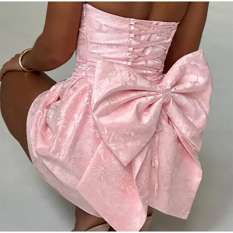 Satin Lace Print Sleeveless Bow Embellished Short Dress Elegant Backless Off Shoulder Female Mini Dresses Banquet Party