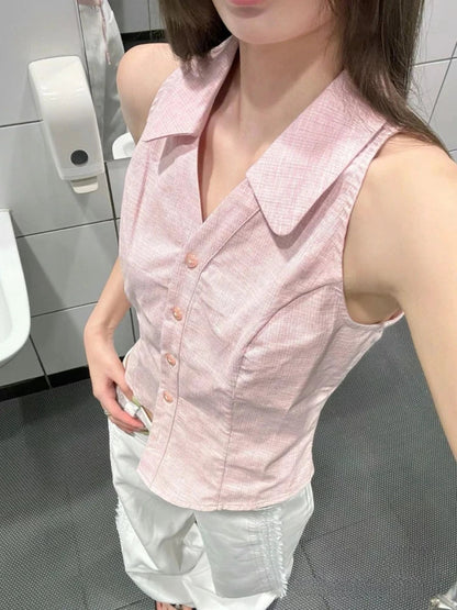 qgtao  -  Vintage Women Sleeveless Halter Polo Shirts Summer Y2k Pink Button Up Blouse Female Casual Slim Office Lady Clothes Chic