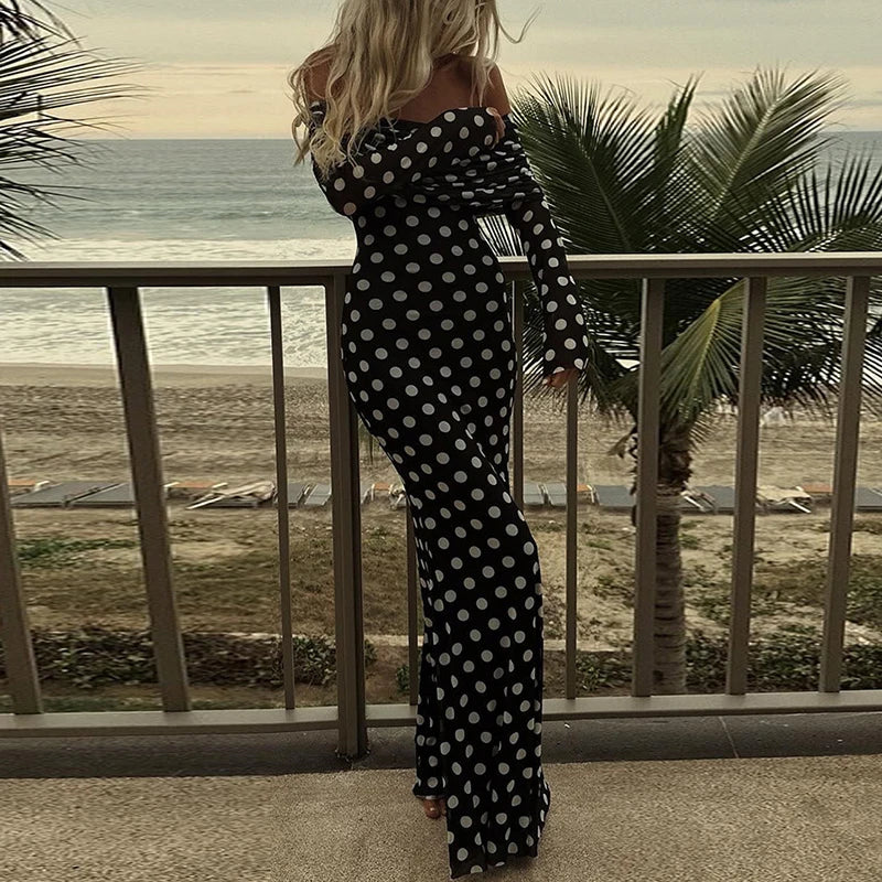 qgtao 2024 Spring Polka Dot Print Slim Bodycon Long Dress Women Sexy Slash Neck Draped Party Dress Summer Off Shoulder Boho Maxi Dress