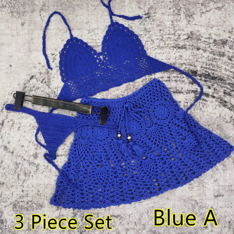 qgtao 2/3 Piece Set Hand Crochet Florens Bikini Women Sexy Beach Skirt Boho Style Elastic Waistband