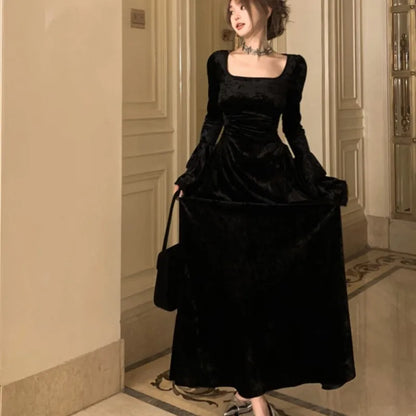 qgtao Y2K Velvet Long Dresses for Women Flare Sleeve Square Collar Slim Waist A-line Autumn Winter Evening Party Prom Robe Vestidos