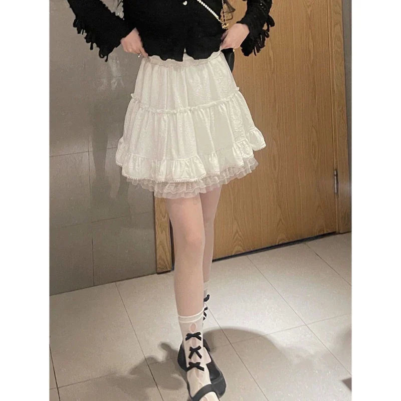 qgtao Kawaii Ruffle White Short Skirt Lace Lolita Elegant Mini Skirts Layered Solid Sweet Elegant Japanese Style Casual Skirt